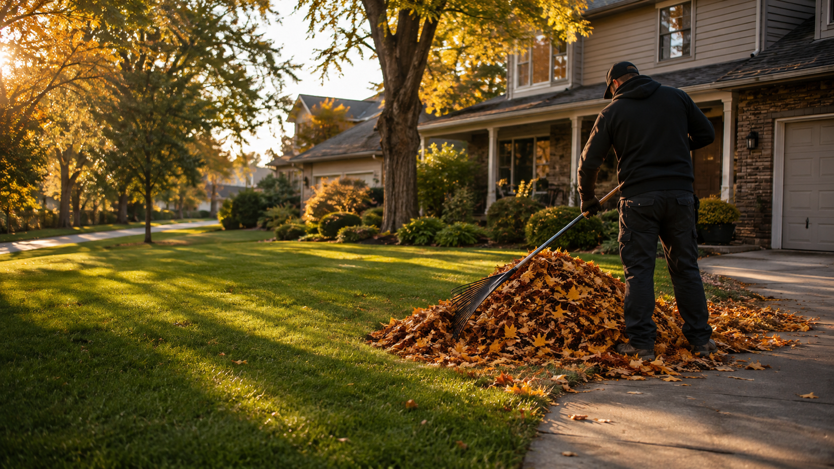 A lawn care professional gathering fall leaves from a green lawn